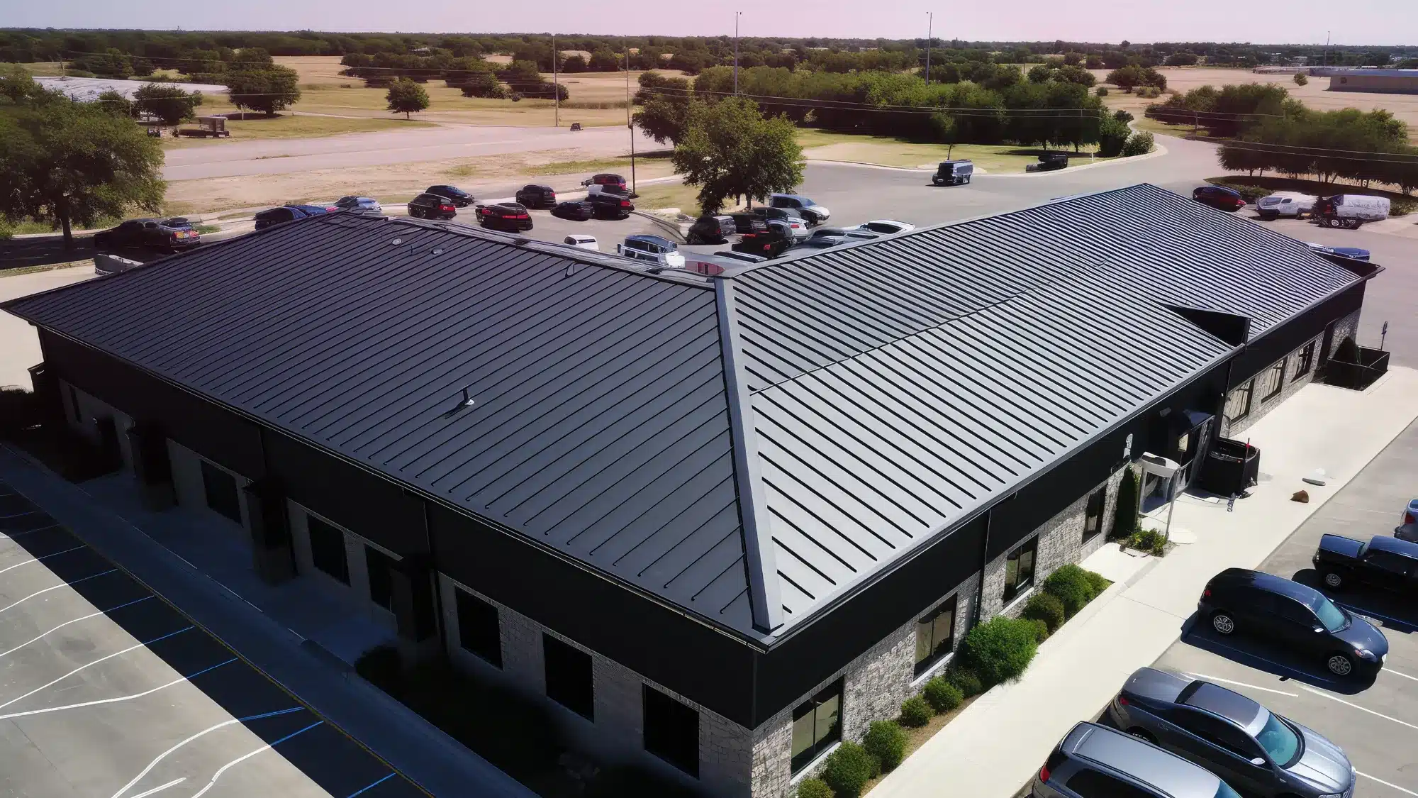 Commercial roofing contractors inspecting and repairing flat roof system on business building with safety equipment